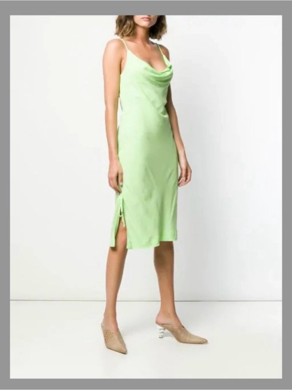 STAUD Ruched Crepe Cowl Neck slip dress in Lime Green Pistachio